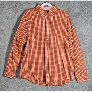 Izod Button Down Shirt Mens Size XL Orange White Cotton Plaid Long Sleeve Pocket